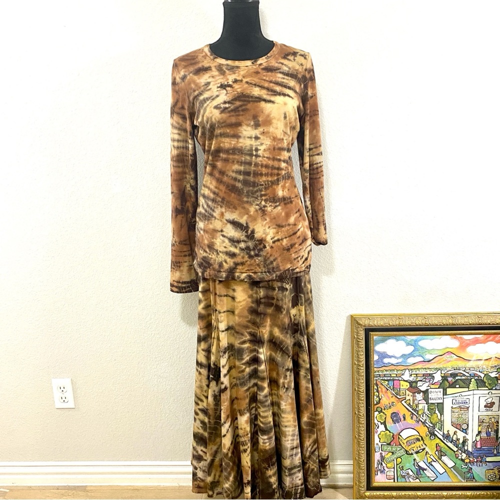 Karen Kane Brown Tie-Dye Shirt and Skirt Set, Size Medium, Y2K, Cotton,‎ Maxi